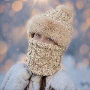••NWOT•• Beige Winter Knit Beanie Hat and Scarf Attached Set